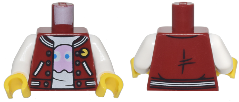 Torso Jacket with White Trim and Pockets and Yellow PAC-MAN Pin over White Shirt with Bright Pink Ghost Pattern / White Arms / Yellow Hands