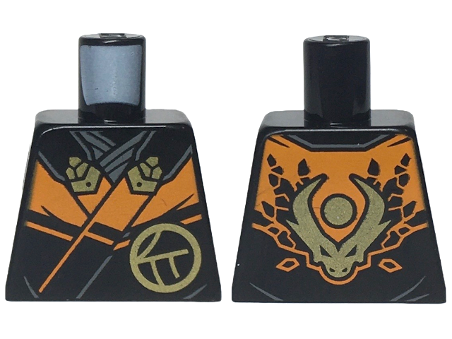 Torso Ninja Robe with Orange Trim and Gold Buckles over Dark Bluish Gray Sash, Ninjago Logogram Letter C in Circle, Dragon Head and Orb on Back Pattern