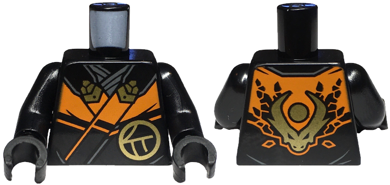 Torso Ninja Robe with Orange Trim and Gold Buckles over Dark Bluish Gray Sash, Ninjago Logogram Letter C in Circle, Dragon Head and Orb on Back Pattern / Black Arms / Black Hands