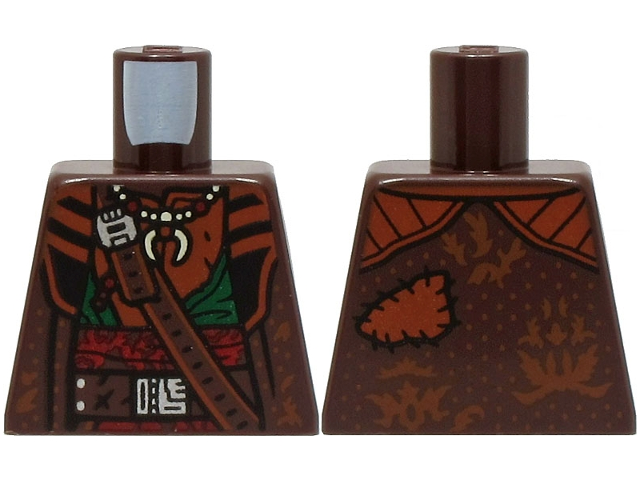 Torso Coat with Reddish Brown Lapels, Belt with Silver Buckle, Necklace, Dark Green Shirt, Dark Red Sash Pattern