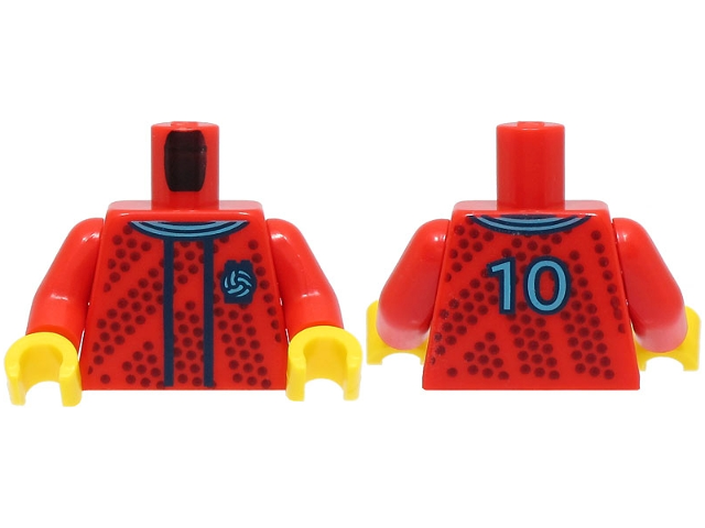 Torso Soccer Uniform, Medium Azure and Dark Blue Collar, Dark Red Dotted Stripes, Soccer Ball on Brick Logo, Number 10 on Back Pattern (BAM) / Red Arms / Yellow Hands