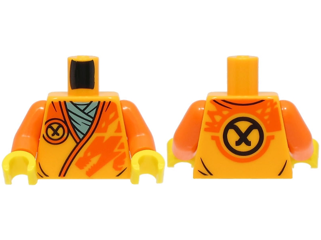 Torso Robe with Orange Trim, Dragon Head and Black Ninjago Logogram Letter A over Dark Bluish Gray Shirt Pattern (BAM) / Orange Arms / Yellow Hands
