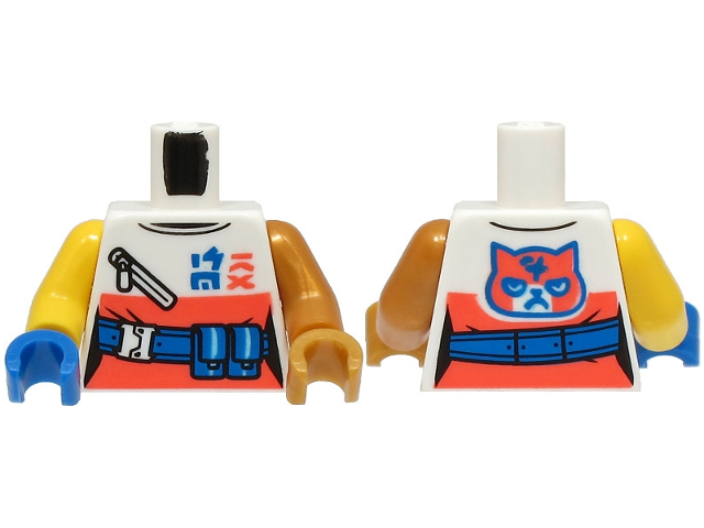 Torso Female Top with Coral Panel and Cat Face, Blue Belt, Ninjago Logogram 'SORA' Pattern (BAM) / Pearl Gold Arm Left / Yellow Arm Right / Pearl Gold Hand Left / Blue Hand Right