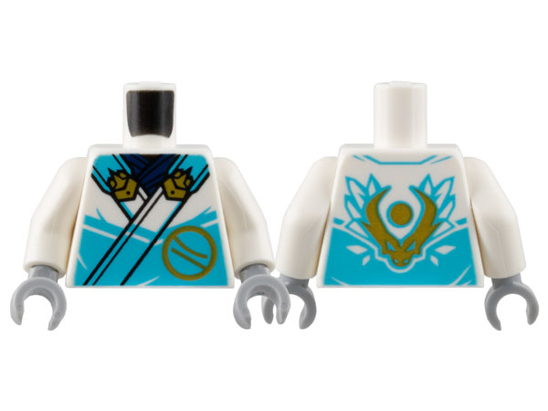 Torso Ninja Robe with Medium Azure Trim and Gold Buckles over Dark Blue Sash, Ninjago Logogram Letter Z in Circle, Dragon Head and Orb on Back Pattern / White Arms / Light Bluish Gray Hands