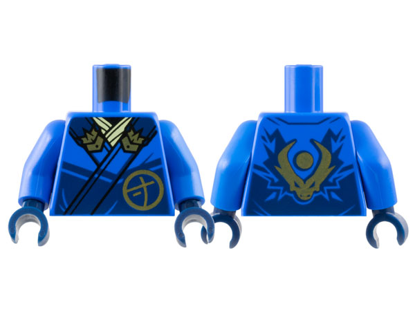 Torso Ninja Robe with Dark Blue Trim and Gold Buckles over Bright Light Yellow Sash, Ninjago Logogram Letter J in Circle, Dragon Head and Orb on Back Pattern / Blue Arms / Dark Blue Hands
