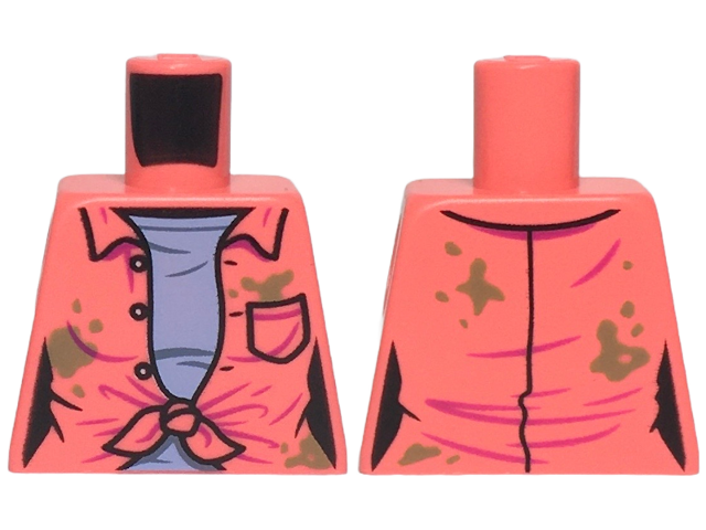 Torso Female Open Shirt Tied with Buttons and Pocket over Bright Light Blue Shirt, Dark Tan Dirt Spots Pattern