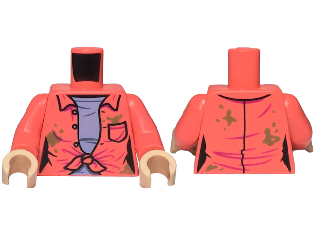 Torso Female Open Shirt Tied with Buttons and Pocket over Bright Light Blue Shirt, Dark Tan Dirt Spots Pattern / Coral Arms / Light Nougat Hands