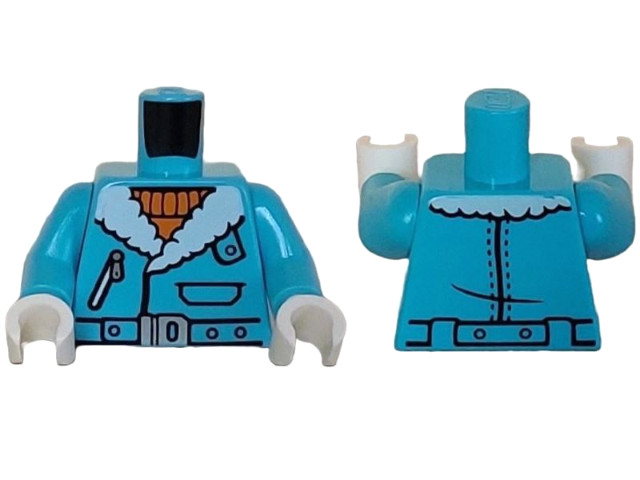 Torso Jacket with White Fur Collar, Pocket with Zipper, and Belt with Silver Buckle over Orange Sweater Pattern / Medium Azure Arms / White Hands