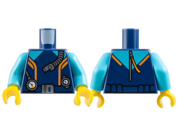 Torso Diving Suit with Orange Stripes, Medium Azure Panels, Belt with Silver Buckle, Gauge and Regulator Pattern / Medium Azure Arms / Yellow Hands
