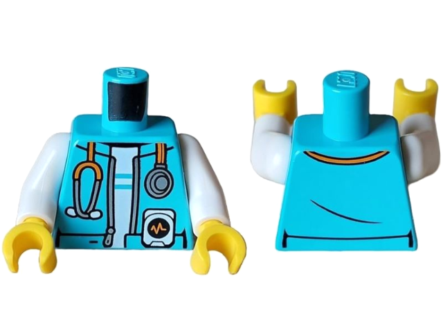 Torso Open Jacket with Silver and Orange Stethoscope over White Shirt with Stripes Pattern / White Arms / Yellow Hands