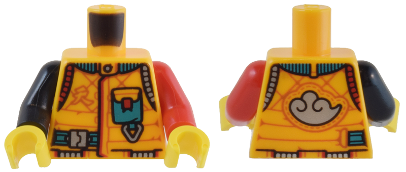 Torso Scuba Suit with Dark Turquoise Collar, Pocket, and Strap, Silver and Red Trim, Cloud Emblem on Back Pattern / Red Arm Left / Black Arm Right / Yellow Hands