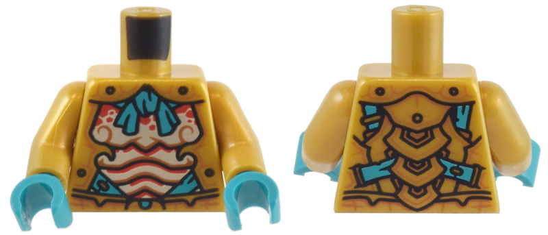 Torso Armor, Dark Turquoise Tie and Straps, Red and Tan Scales Pattern / Pearl Gold Arms / Dark Turquoise Hands