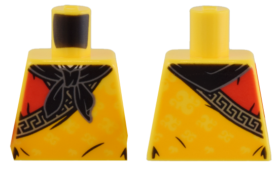 Torso Tunic with Clouds on Bright Light Orange Background, Gold Geometric Trim, Red Shoulder, Black Bandana Pattern