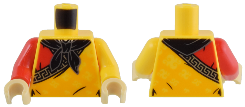 Torso Tunic with Clouds on Bright Light Orange Background, Gold Geometric Trim, Red Shoulder, Black Bandana Pattern / Yellow Arm Left / Red Arm Right / Tan Hands