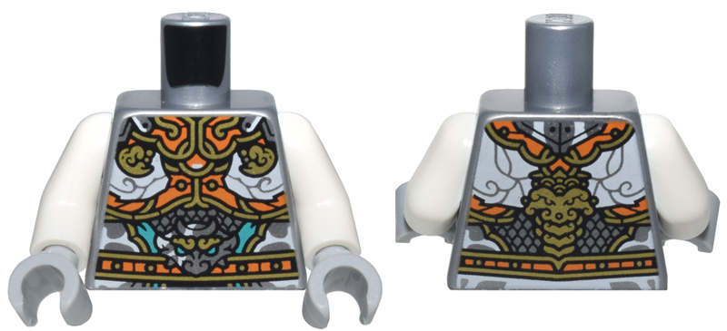 Torso Armor with Orange and Gold Plates, White Clouds, and Silver Dragon Head Pattern / White Arms / Light Bluish Gray Hands