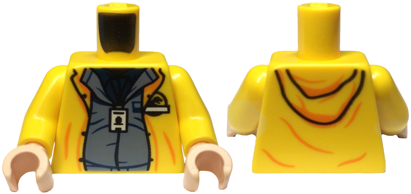 Torso Hoodie over Sand Blue Shirt and Dark Blue Undershirt, ID Badge, Jurassic Park Logo Pattern / Yellow Arms / Light Nougat Hands