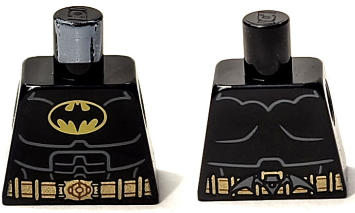 Torso Batman Logo, Dark Bluish Gray Armor Contour Lines, Gold Utility Belt with Batarang on Back Pattern