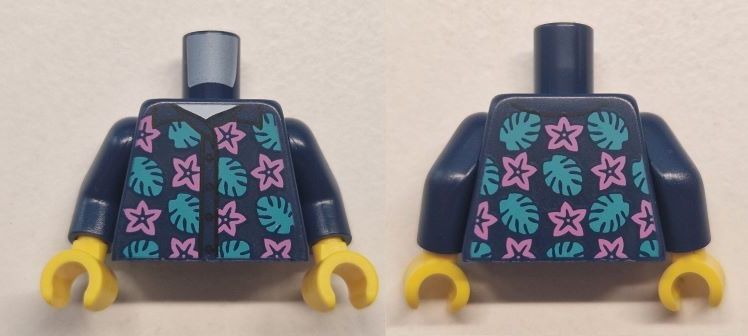 Torso Hawaiian Shirt with Buttons, Dark Pink Flowers and Dark Turquoise Leaves over White Undershirt Pattern / Dark Blue Arms / Yellow Hands