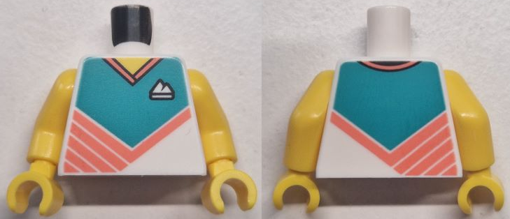 Torso Sport Shirt with Dark Turquoise Panel, Mountains Logo, Coral Collar and Diagonal Stripes, Yellow Neck Pattern / Yellow Arms / Yellow Hands