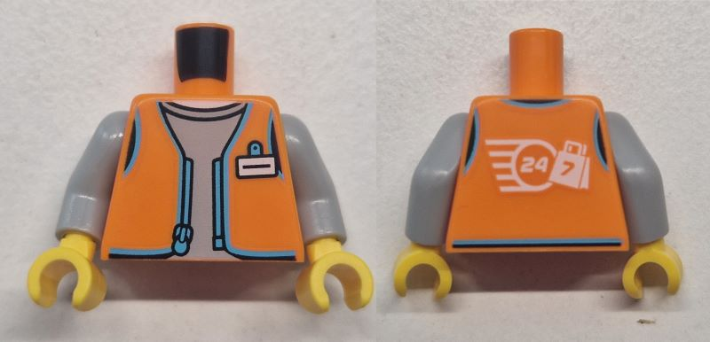 Torso Vest Open with Medium Azure Zipper and Trim over Light Bluish Gray Shirt, White Name Badge, '24 7' Logo on Back Pattern / Light Bluish Gray Arms / Yellow Hands