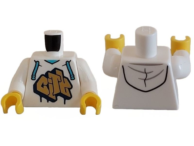 Torso Hoodie with Medium Azure Drawstrings, Gold and Dark Blue 'CITY' Pattern / White Arms / Yellow Hands