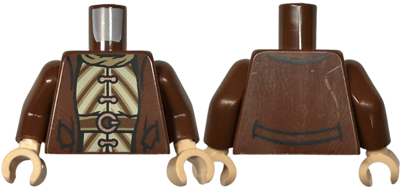 Torso Coat Open over Tan Dress with Copper Clasps and Dark Tan and Reddish Brown Diagonal Stripes, Belt with Buckle, Scarf Pattern / Reddish Brown Arms / Light Nougat Hands