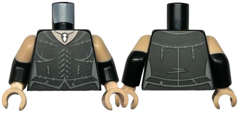 Torso Female Corset Dress with Dark Bluish Gray Laces and Stitching, Silver Pendant Necklace, Light Nougat Neck Pattern / Black Arms with Molded Light Nougat Short Sleeves Pattern / Light Nougat Hands