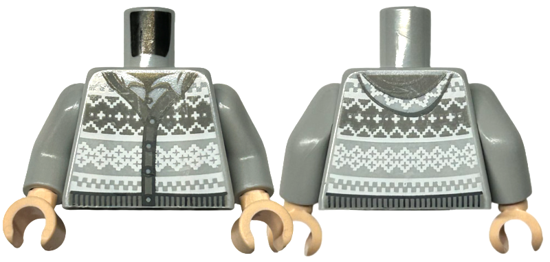 Torso Knit Fair Isle Cardigan Sweater with Hood, Dark Bluish Gray Trim and Waistband, and White Knitting over Shirt, Black Neck Pattern / Light Bluish Gray Arms / Light Nougat Hands