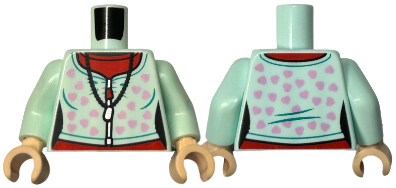 Torso Female Cardigan Sweater Closed with Bright Pink Hearts and Silver Zipper over Red Shirt, Black Pendant Necklace Pattern / Light Aqua Arms / Light Nougat Hands