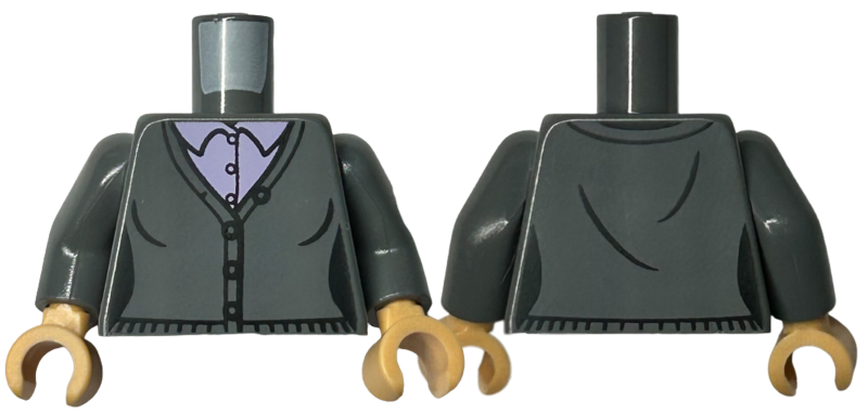 Torso Female Cardigan Sweater Closed over Lavender Shirt with Buttons Pattern / Dark Bluish Gray Arms / Medium Tan Hands