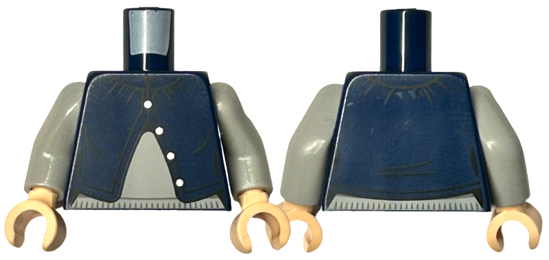 Torso Female Cardigan Half Open with Silver Buttons over Light Bluish Gray Sweater Pattern / Light Bluish Gray Arms / Light Nougat Hands