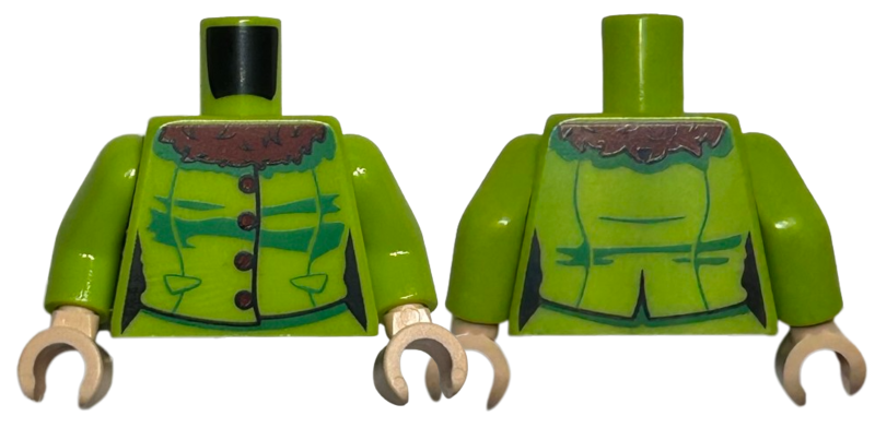 Torso Female Jacket Closed with Dark Red Buttons and Fur Collar, Green Folds Pattern / Lime Arms / Light Nougat Hands