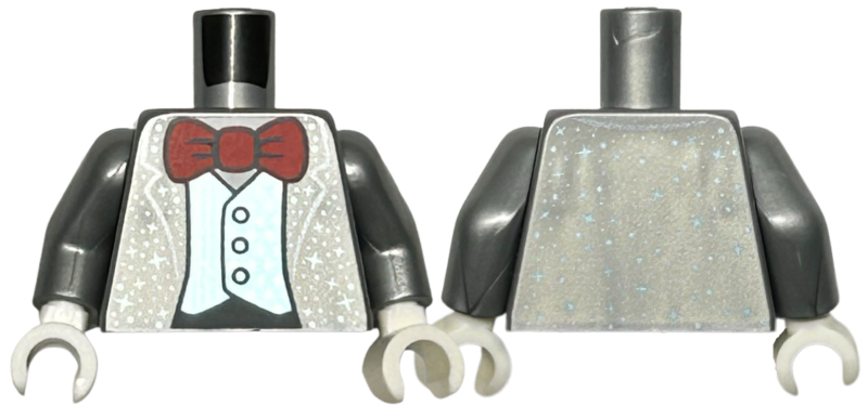 Torso Tuxedo Jacket Open with Metallic Light Blue Stars and Dots over Vest and White Shirt, Red Bow Tie, Black Stomach Pattern / Flat Silver Arms / White Hands