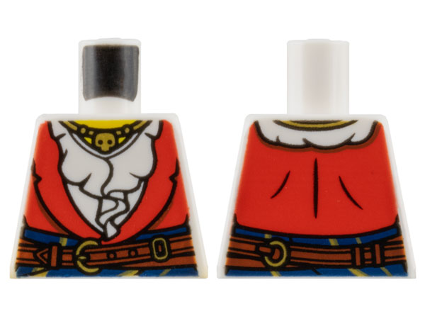 Torso Female Pirate, Red Vest over Ruffled Shirt, Dark Blue Sash with Gold Stripes, Reddish Brown Belt with Buckles, Necklace with Beads and Skull, Yellow Neck Pattern