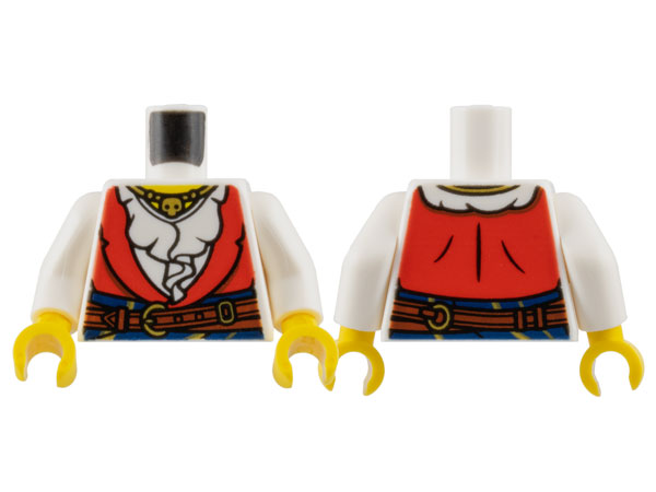 Torso Female Pirate, Red Vest over Ruffled Shirt, Dark Blue Sash with Gold Stripes, Reddish Brown Belt with Buckles, Necklace with Beads and Skull, Yellow Neck Pattern / White Arms / Yellow Hands