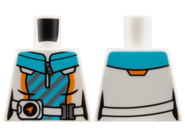 Torso Jacket over Medium Azure Shirt with Collar, White Belt, Silver Zipper, Buckle and Diagonal Stripes Pattern