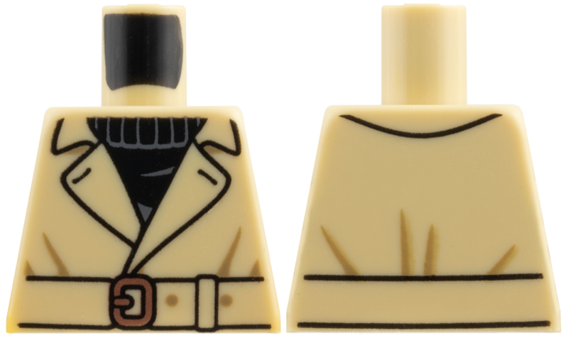 Torso Jacket Trench Coat over Black Sweater, Belt with Copper Buckle Pattern