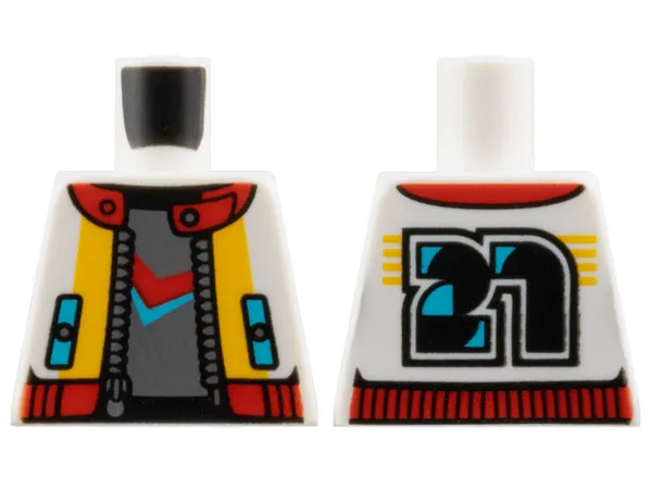 Torso Jacket Open with Silver Zipper, Medium Azure Pockets, Bright Light Orange and Red Trim, and Stylized Black '21' on Back over Dark Bluish Gray Shirt Pattern