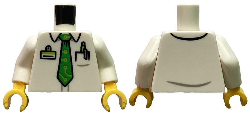 Torso Shirt with Collar and Pen in Pocket, ID Badge, Bright Green Tie with Lime Circuitry Pattern / White Arms / Yellow Hands