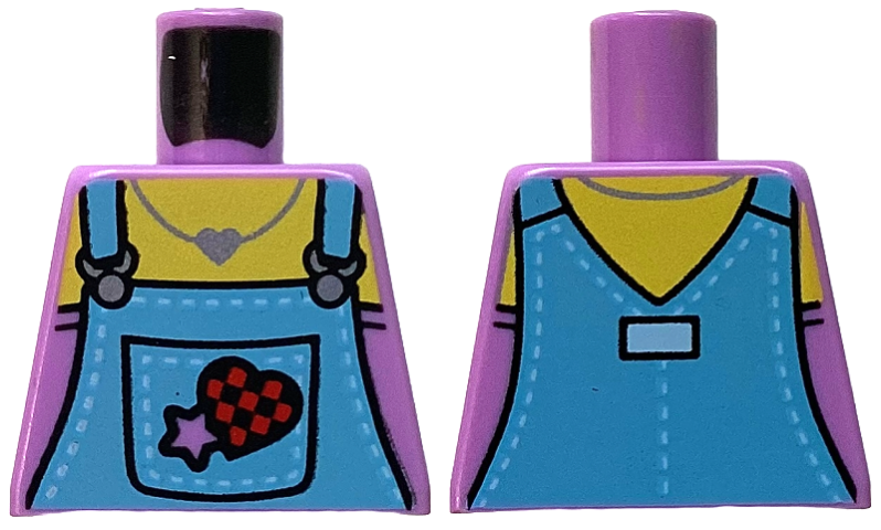 Torso Medium Blue Overalls with Buckles, Star and Red Heart on Pocket, Yellow Neck with Silver Necklace Pattern