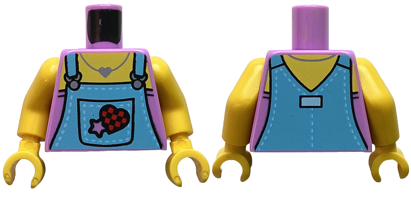 Torso Medium Blue Overalls with Buckles, Star and Red Heart on Pocket, Yellow Neck with Silver Necklace Pattern / Yellow Arms / Yellow Hands