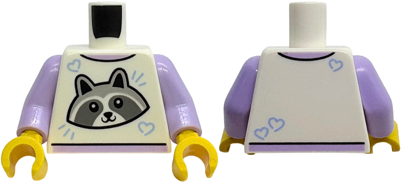 Torso T-Shirt with Light Bluish Gray and Dark Bluish Gray Raccoon Head, Bright Light Blue Hearts, Lavender Neck and Hem Pattern / Lavender Arms / Yellow Hands