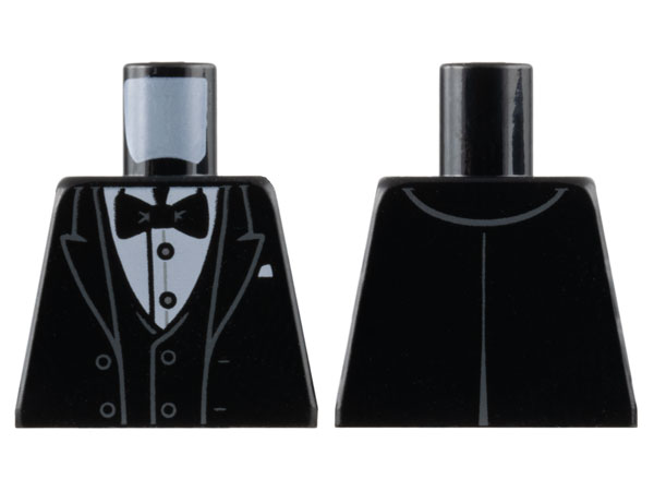 Torso Tuxedo Jacket Open with Dark Bluish Gray Outlined Lapels over Vest and White Shirt with Silver Buttons, Bow Tie, Pocket Square Pattern