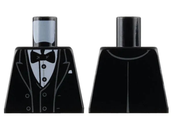 Torso Tuxedo Jacket Open with Dark Bluish Gray Outlined Lapels over Vest and White Shirt with Silver Buttons, Bow Tie, Pocket Square Pattern