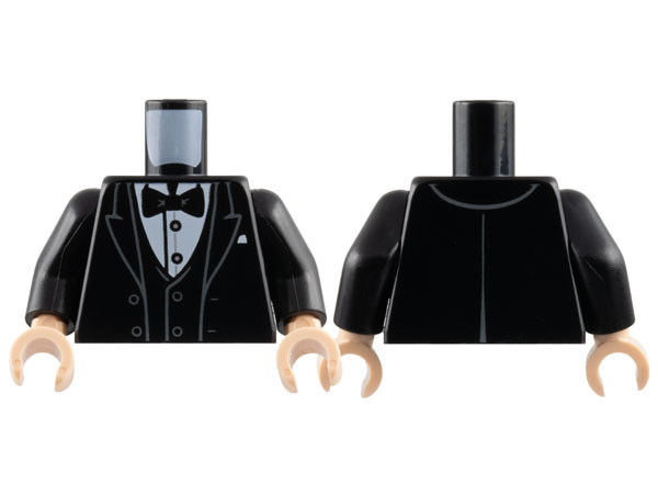 Torso Tuxedo Jacket Open with Dark Bluish Gray Outlined Lapels over Vest and White Shirt with Silver Buttons, Bow Tie, Pocket Square Pattern / Black Arms / Light Nougat Hands