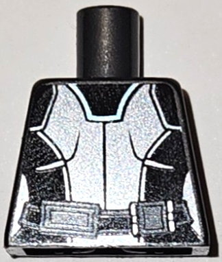 Torso Female Black Jumpsuit with Zipper, Belt with Dark Red Buckle, Metallic Light Blue Trim Pattern