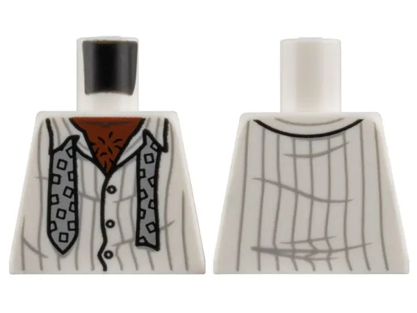 Torso Shirt with Buttons, Open Collar, and Light Bluish Gray Pinstripes, Loose Tie with Squares, Reddish Brown Hairy Chest Pattern