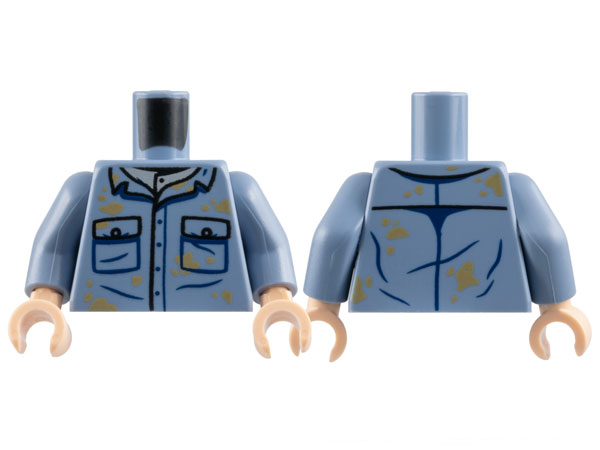 Torso Shirt with 2 Pockets with Black Buttons Outline, Dark Tan Dirt Stains Pattern / Sand Blue Arms / Light Nougat Hands