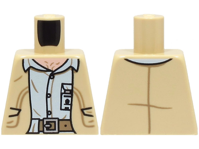 Torso Open Vest over White Shirt with ID Badge, Light Nougat Neck, Dark Tan Belt with Silver Buckle Pattern