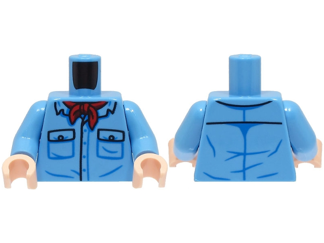 Torso Shirt with 2 Pockets with Black Buttons Outline, Red Bandana Pattern / Medium Blue Arms / Light Nougat Hands